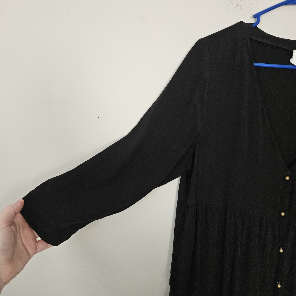 Sezane Aura Black 100% Silk Tiered Mini Dress Button Front Size 44/L - Picture 5 of 9